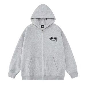 Stussy Light Gray Zip-Up Hoodie with Black Logo